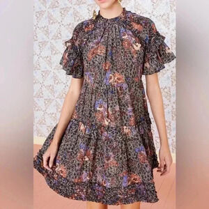 Ulla Johnson Delia Dress Jet Mock Neck Printed Midi Size 4